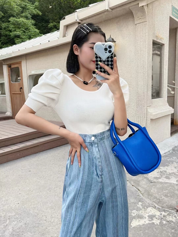 [pan] French sweet back bow pearl chain short sleeved sweater (with pearl chain) 00500# PCZ