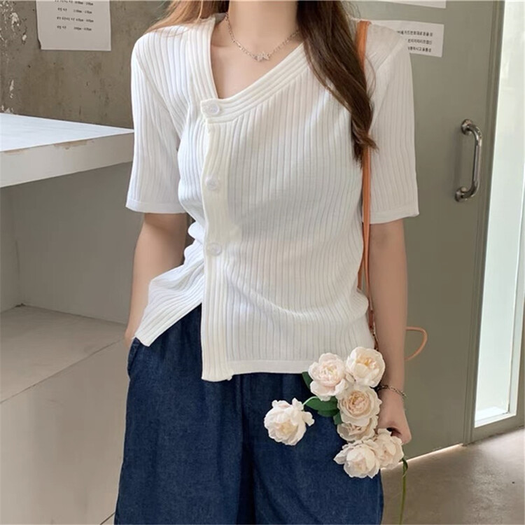 New in early summer! [DTU] side button V-neck fashion shirt ys1-32501# LSL