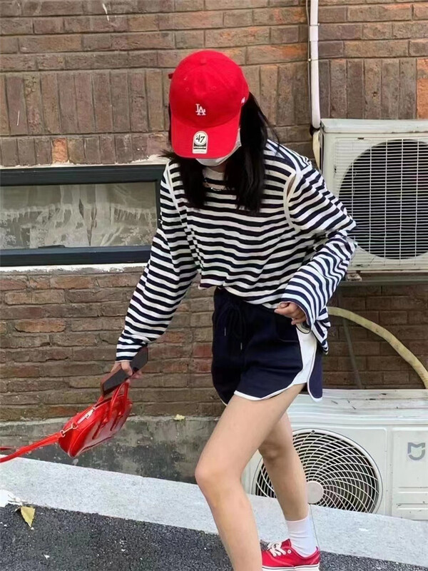 [C.L] stripe long sleeve sunscreen T-shirt + casual Shorts Set ys1-813# ozq