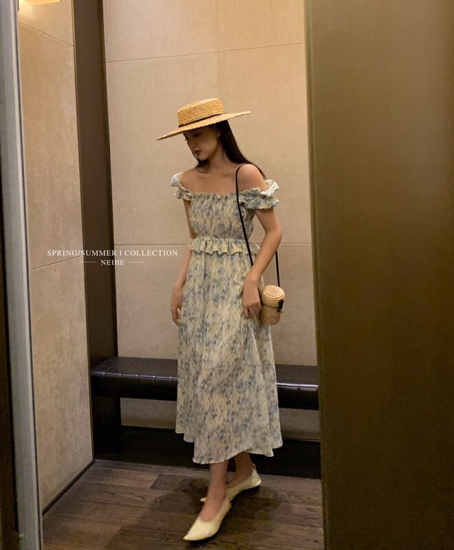 New in early summer! [neihe] high sense temperament waist cut floral dress 11380# zxx