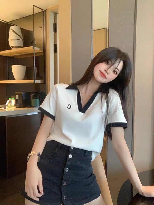 [blue show] Korean version Lapel color blocking embroidery C short sleeve T-shirt 9852# LSW