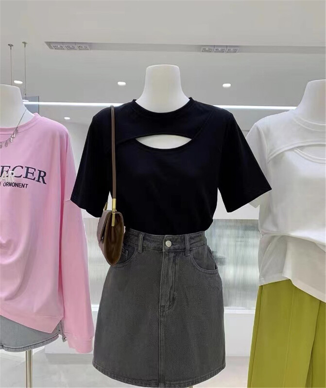 [after 18] Korean round neck hollowed out versatile short sleeve T-shirt 560# zjy