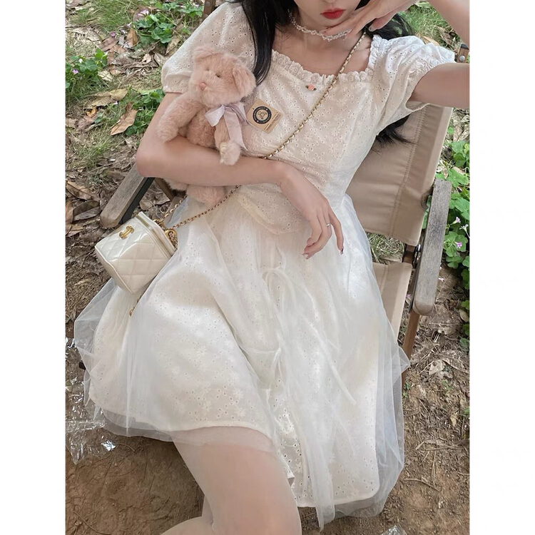 [Huaxi] French square neck bubble sleeve waist closing dress 9028# PCZ