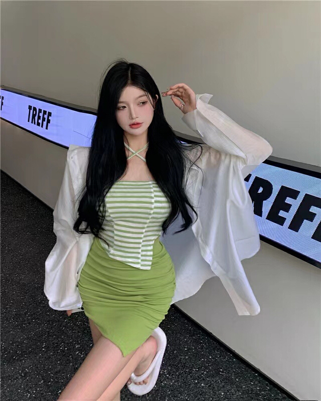 [M.H] letter shirt + striped vest + slim skirt three piece suit 8265# PCZ