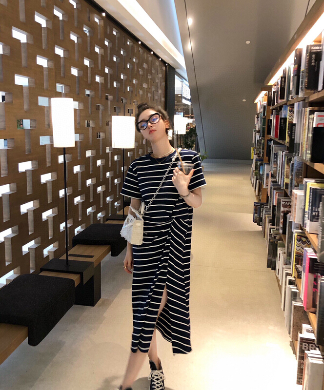 [wgwe] slit thin loose stripe dress 1769# PCZ