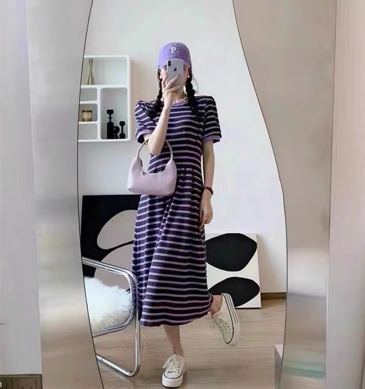 New in early summer! [Anan] striped pleated short sleeve dress 2101# WTT
