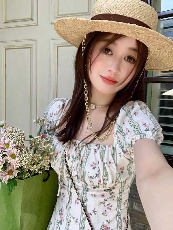 [L.L studio] slim waist with floral bubble sleeve dress 7682# PCZ