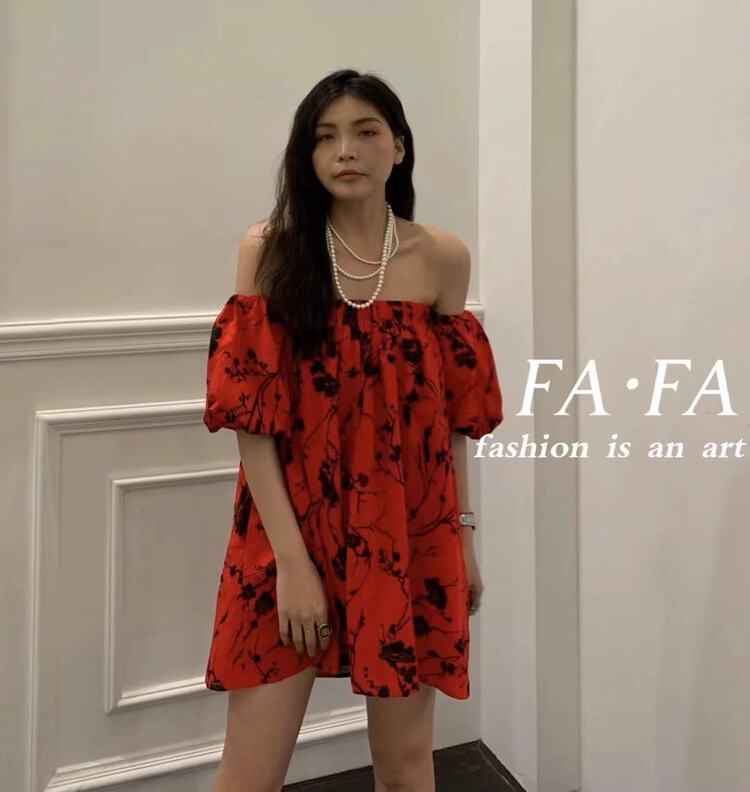 [Fafa] Korean retro printed one neck loose dress 16960# zxl