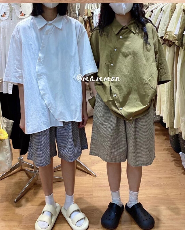 [Mammon] elastic waist Plaid fashion Korean casual shorts 1026# ll