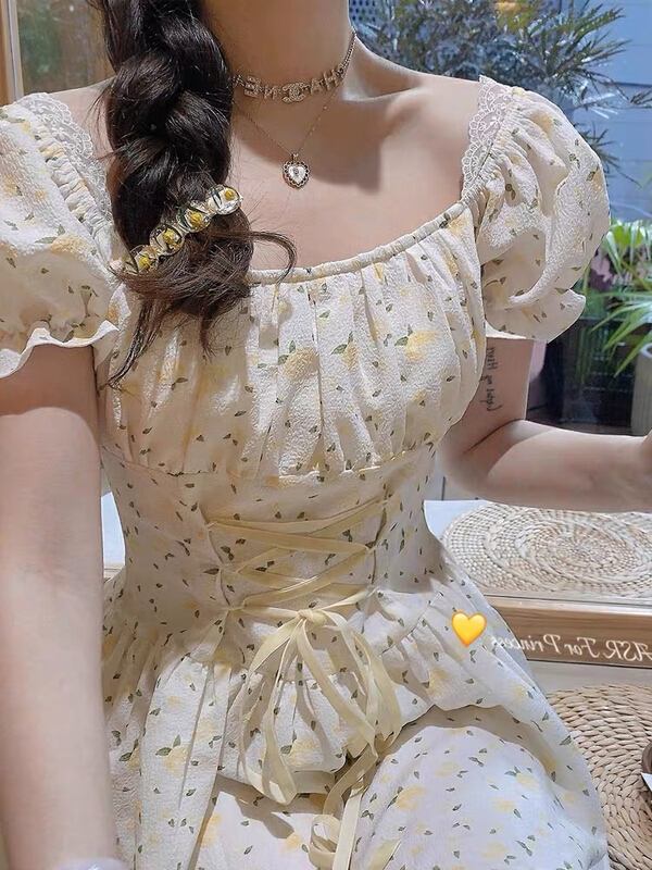 [jun.t] design sense French waist closing bubble sleeve dress (with waist rope) 5929# PCZ