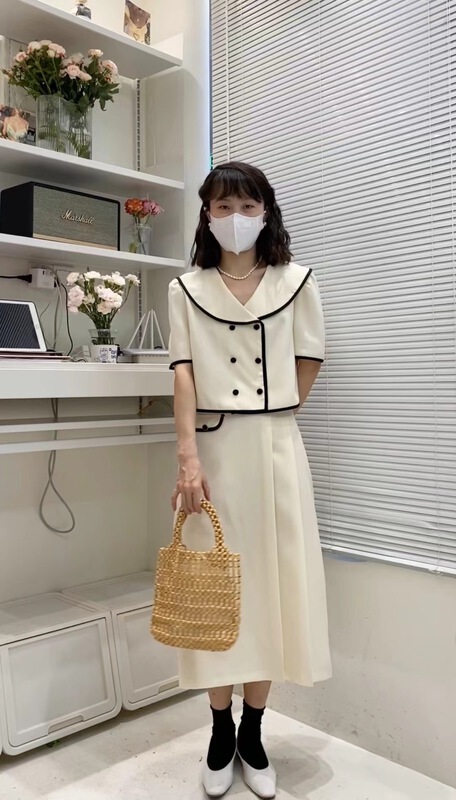 [c.hfeiyang] contrast color double breasted blouse + high waist pleated skirt set 6779# HBx