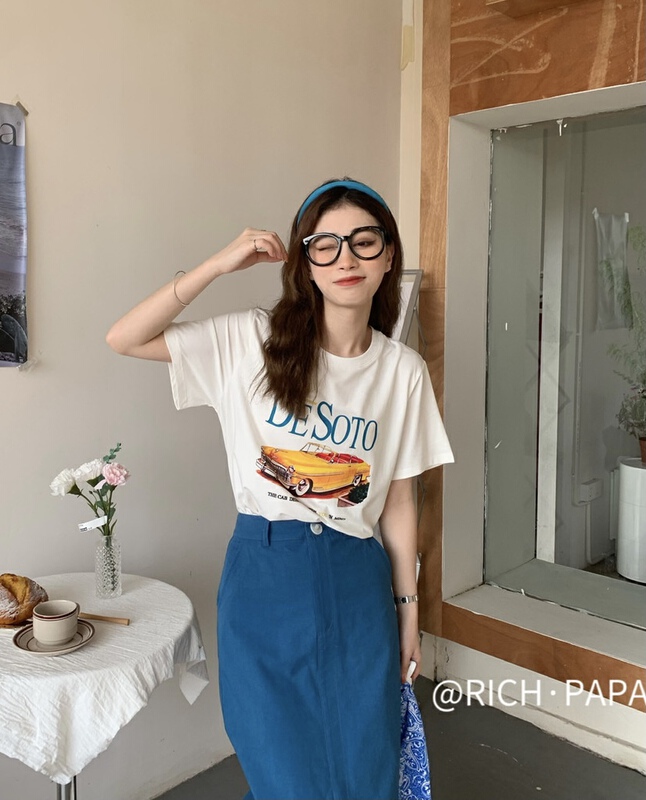 [rich Papa] Korean retro auto print short sleeve T-shirt t271# zxx