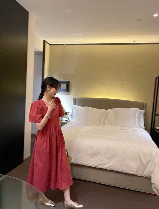 [water] square neck bubble sleeve temperament dress 6200# XYY