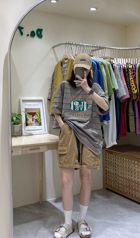 [da. 7] fashion letter stripe printed short sleeve T-shirt (T-shirt only) 2592-1# LSL