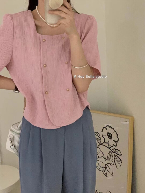 goods in stock! [hey Bella] square neck double breasted fashion shirt ys1-1191# ll
