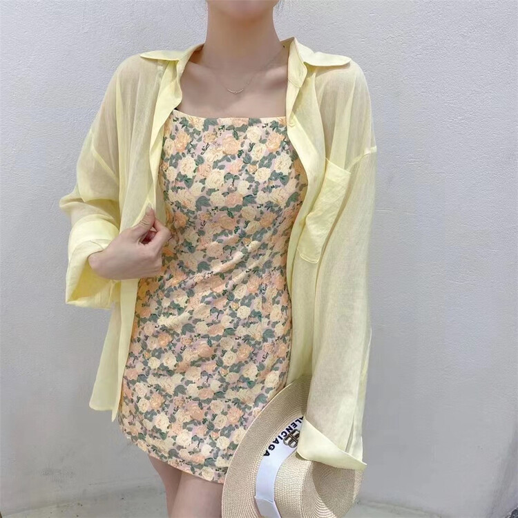 [1517] Korean style clean shirt + suspender floral dress set l955# L