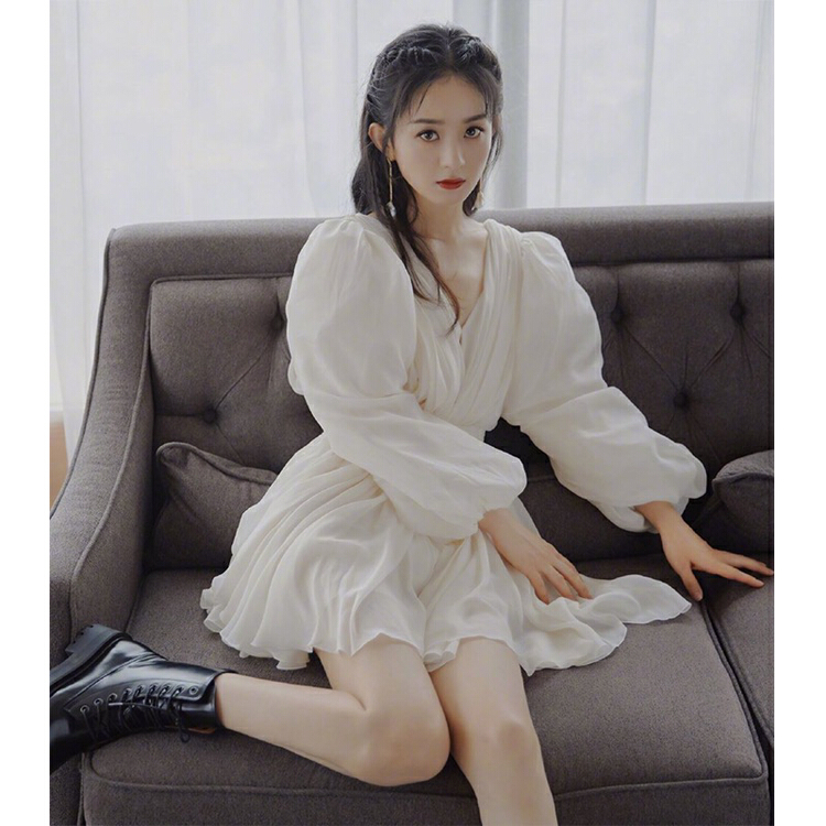 New year in early spring! [smile baby] French temperament V-neck bubble sleeve waist closing thin Chiffon Dress b2229# jhy