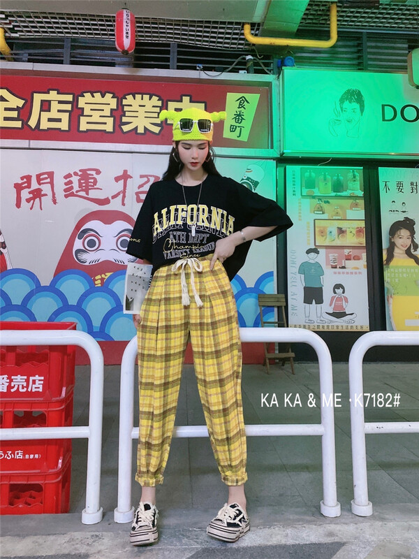 New year in early spring! [Kaka and me] elastic waist Plaid British style casual pants 7182# zyh