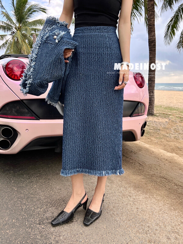 New year in early spring! [OSHA madeinost] small fragrance high-grade tassel denim skirt 86072# ll