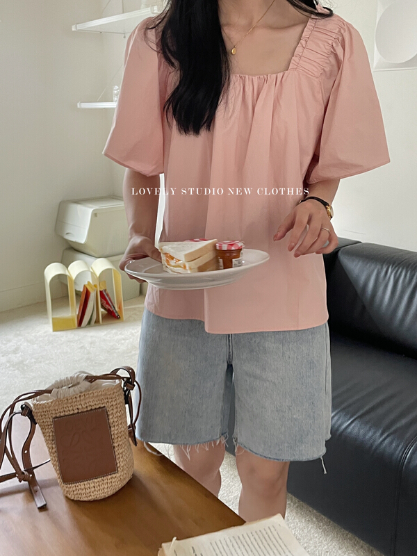 [love] Korean pleated slim square neck bubble sleeve blouse s1559# HBx