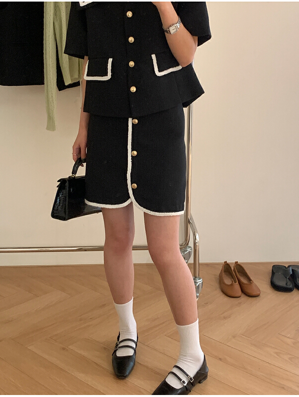 goods in stock! [the mind] Korean style small fragrance color contrast skirt 60205-1# XYJ
