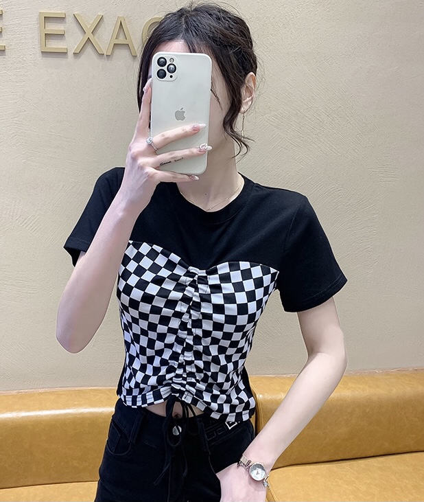 [Fanfan] fashion Plaid color matching round neck short sleeve shirt 5555# JJ