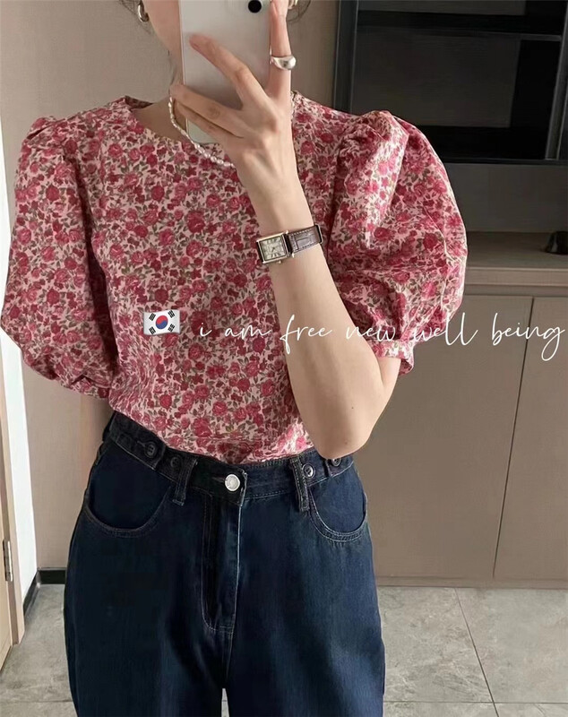 [free studio] Korean Ladies' floral round neck blouse 2365# hjy