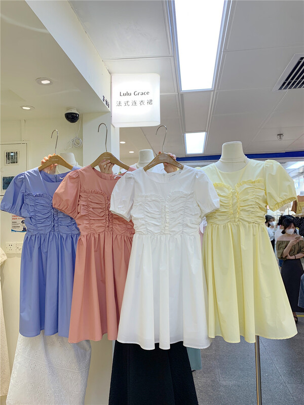 [Lulu grace] Korean round neck bubble sleeve Pleated Dress 6315# zjy