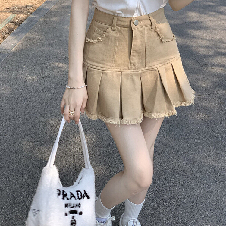 New in early summer! [timely rain] Korean style ins sweet and spicy style design, water wash, rough edge, high waist, thin pleat A-shaped denim skirt 99919# WPL