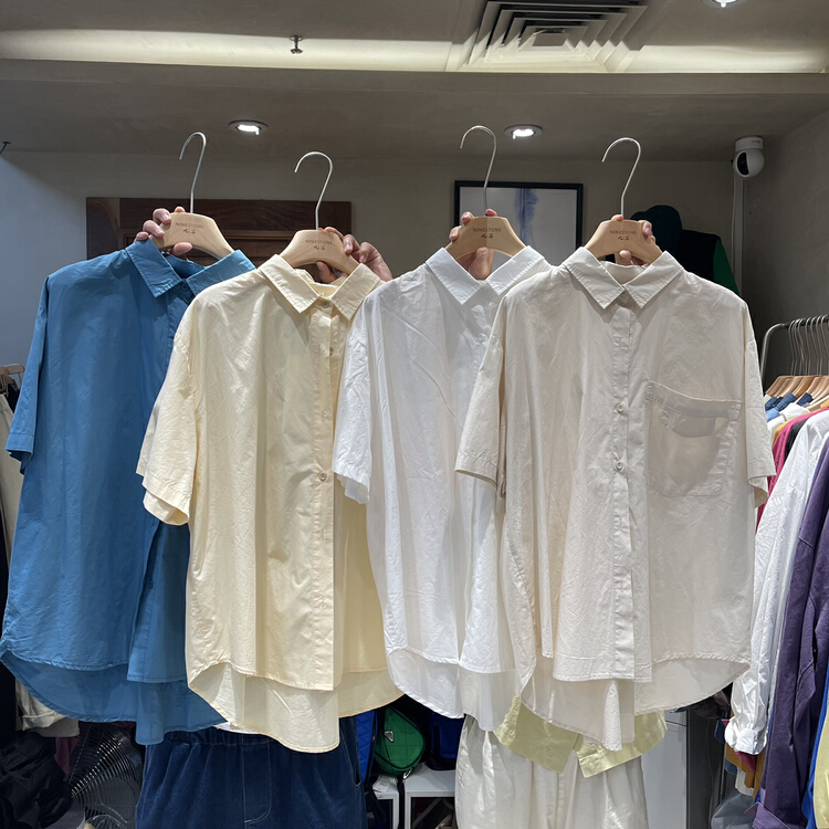 New in early summer! [fabric] Japanese loose retro versatile pocket short sleeve shirt 592055# L
