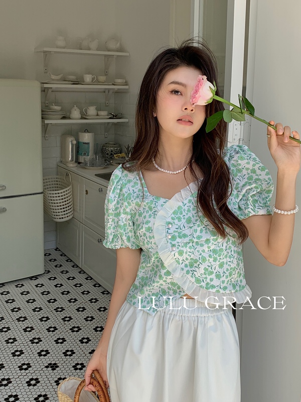 [Lulu grace] Korean Floral Lace bubble sleeve short shirt 6255# ZSY