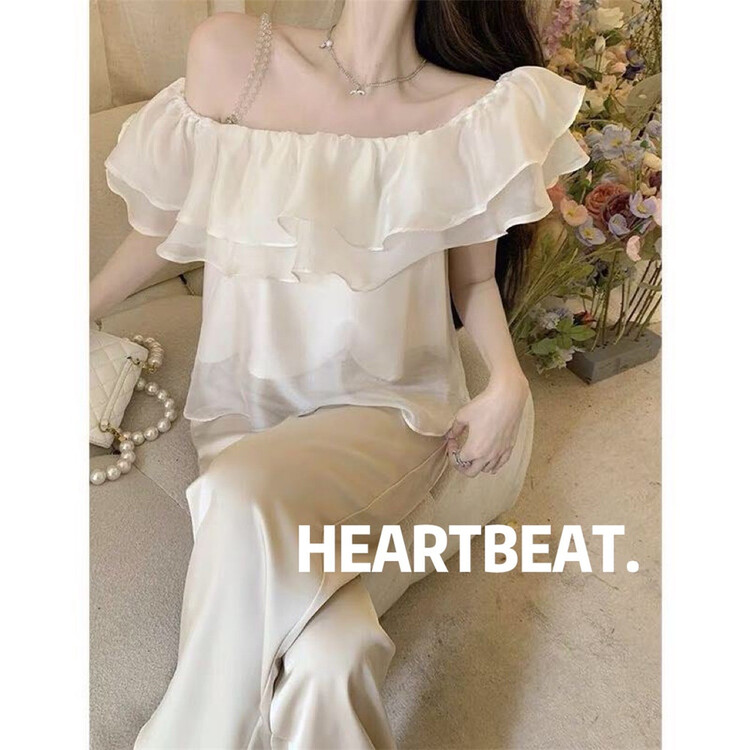 [hearteat] gentle and pure wind lotus leaf edge off shoulder shirt (with chain) 504# zjy