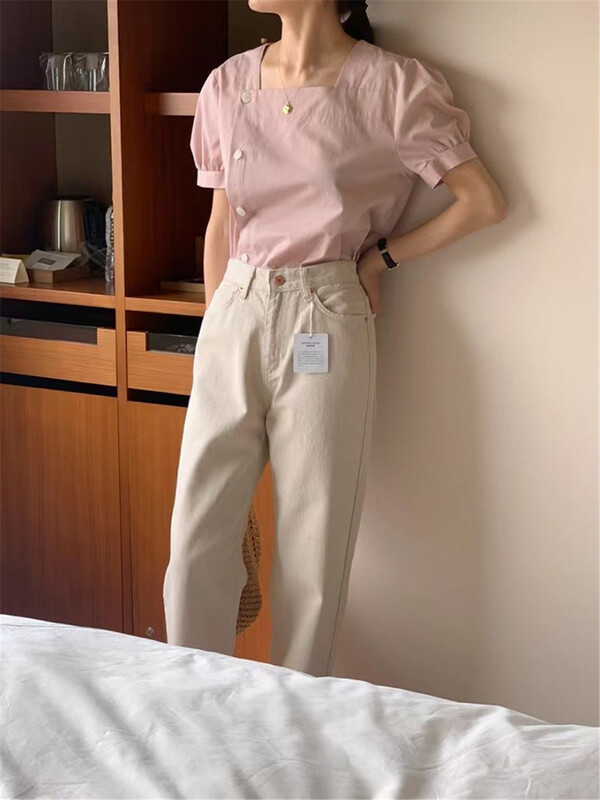 [malt] simple foreign style square neck personalized side button blouse 3108# XYJ