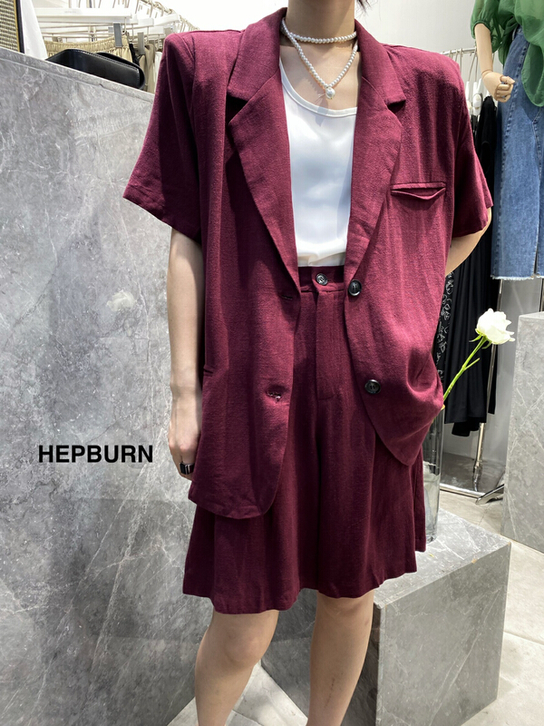 [Hepburn Hepburn] high-grade big brand textured linen short sleeved suit 9252# L