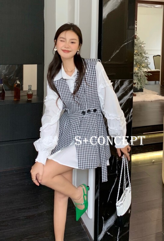 [S +] Korean version of loose shirt with fungus edge + temperament medium and long waistcoat two-piece suit 8601# cqw
