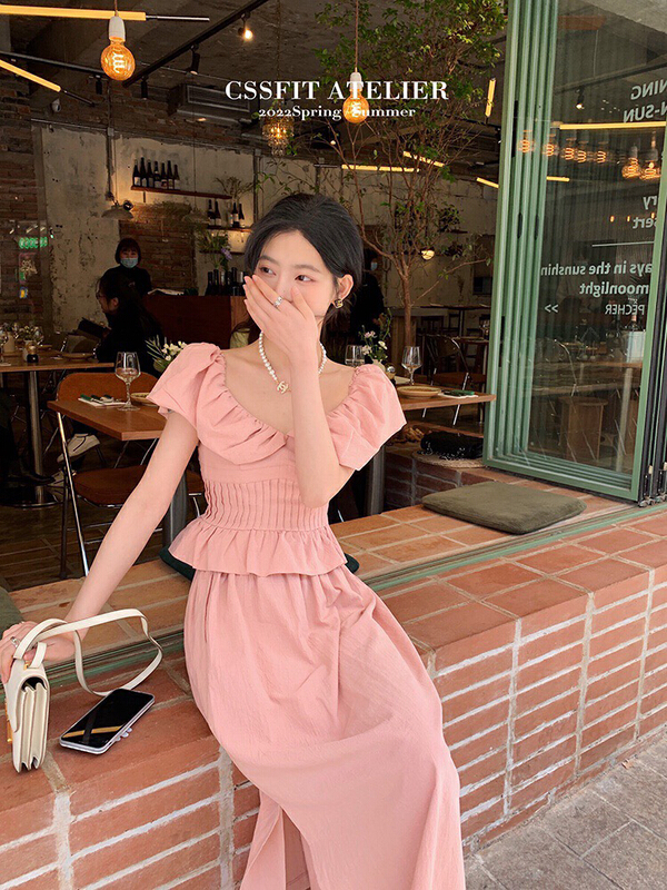 [x · h studio] Girls' peach powder small fly sleeve top + cotton linen split skirt set 6065# ozq