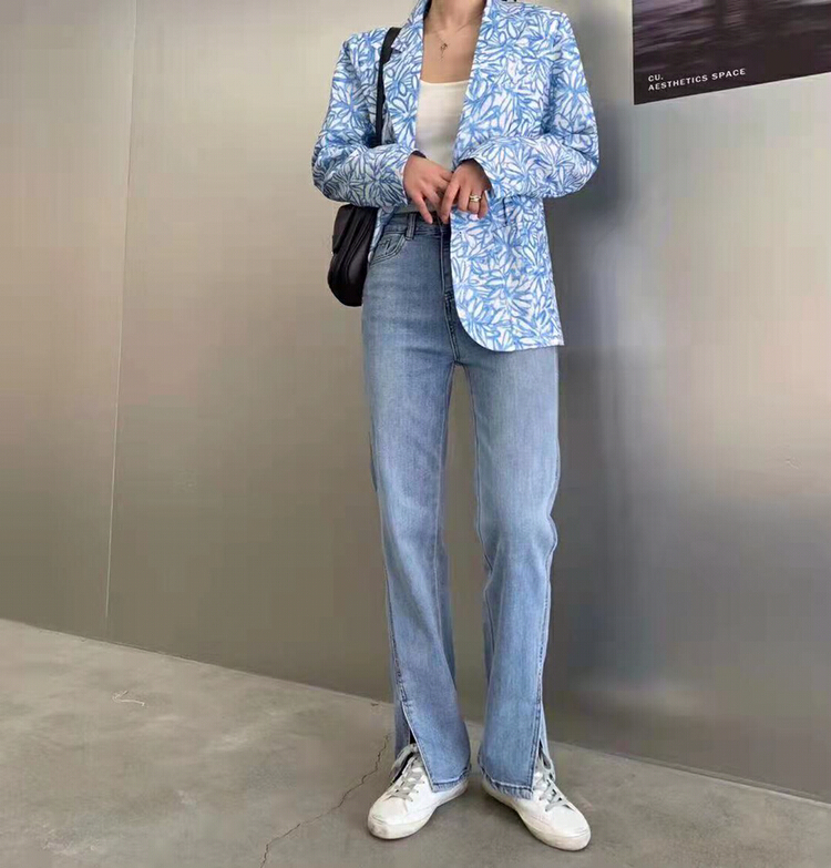 goods in stock! New in early summer! [1980] Korean solid color pants with slits and comfortable hanging feeling, elastic jeans 80156# zyh