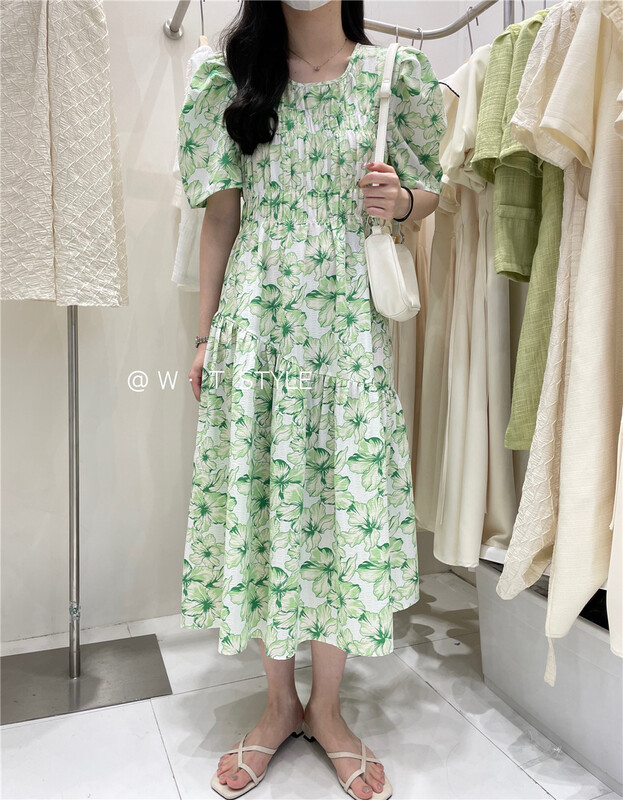 [wt] floral pleated short sleeve dress 6106# HBx