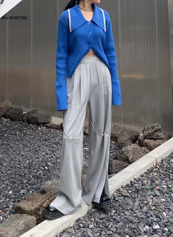 Original price 77.83! [naisha beard] fashion personalized letter waist loose wide leg slit casual pants (with chain) ys1-6025# CLS