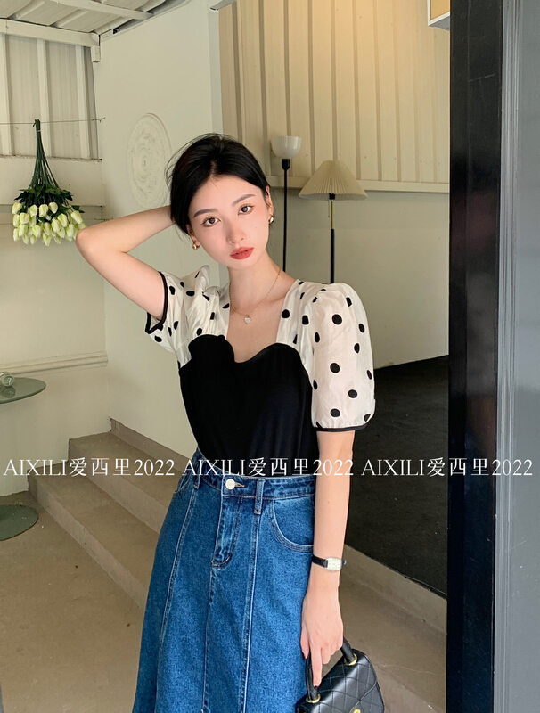 [aixili aisili] French square neck color blocking dot blouse 6539# WPL