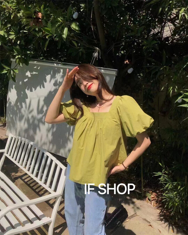 [if shop] fashionable temperament square neck versatile bubble sleeve blouse (only selling blouses) 0981# CLS
