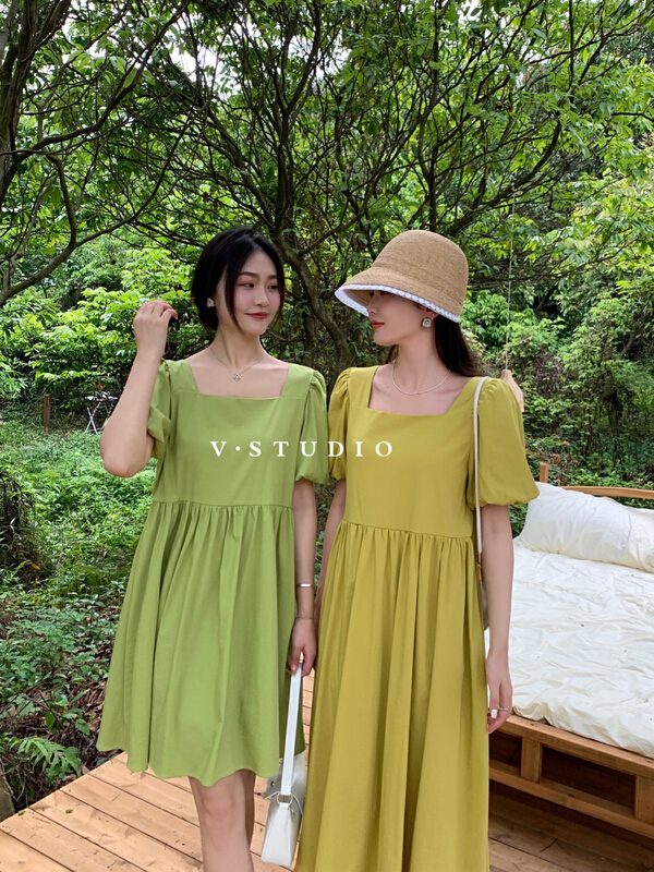 [v.studio] Korean loose bubble sleeve slim dress 8823# zjy