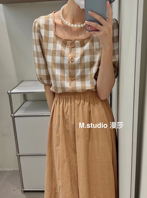 goods in stock! New in early summer! [MSTUDIO MANSA] square neck Vintage Plaid bubble sleeve blouse y6320# ll