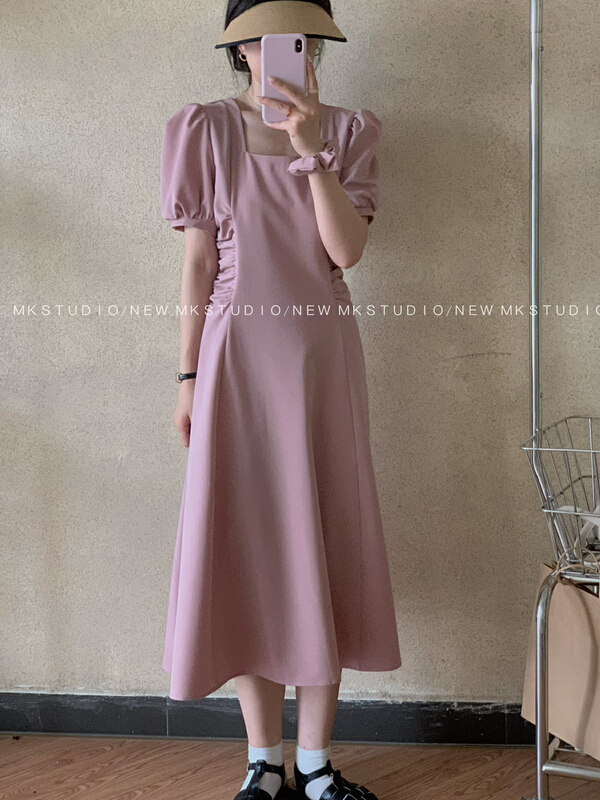 [MK] bubble sleeve lady square neck dress (with headband) 3261# hjy