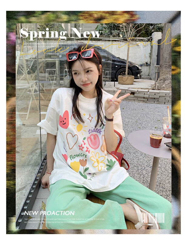 New in early summer! [j.2] small fresh round neck printed short sleeve T-shirt 8638# LSW