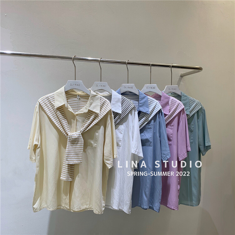 [Lina] Korean fake two striped shawl short sleeve shirt 8767# CSX