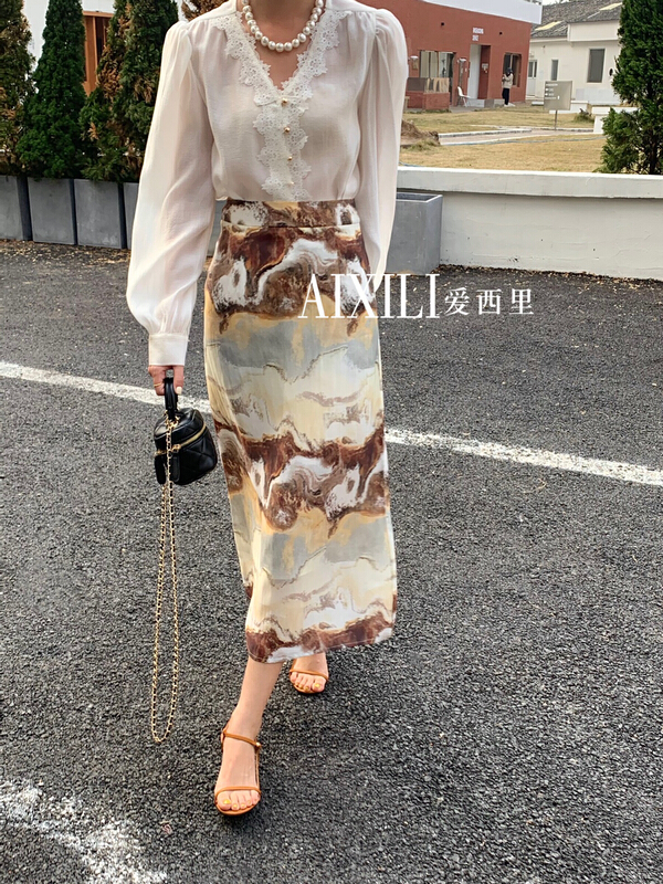 Early spring! [aixili aisili] retro elegant color matching long skirt 6239# WPL