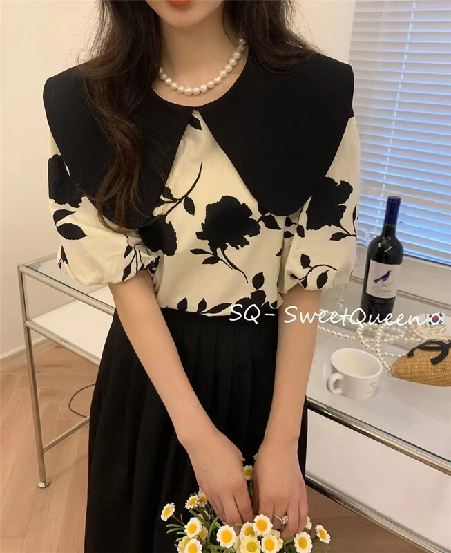 [sq] French style large lapel fashionable printed blouse 3331# zxx