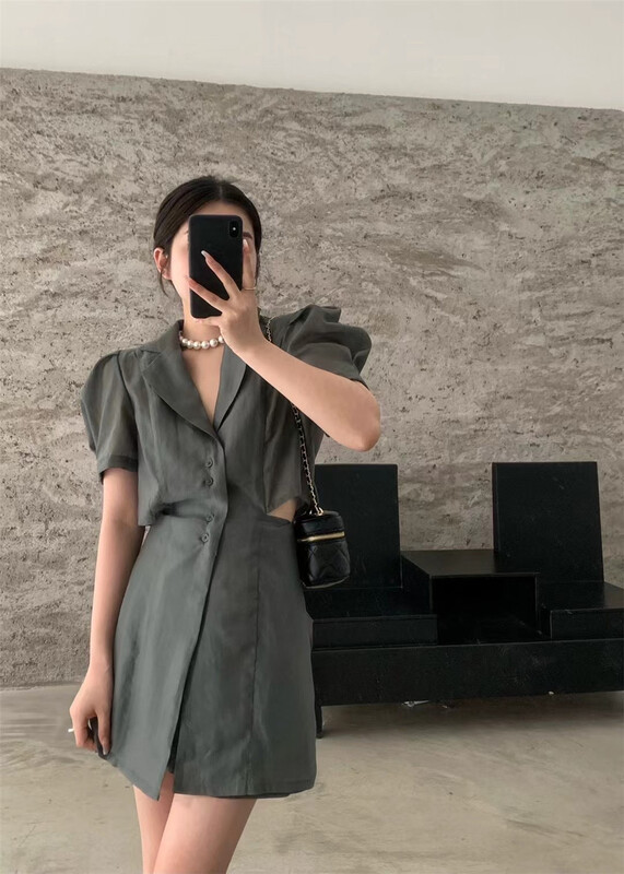 [3. Three point] temperament bubble sleeve waist dress + casual shorts two piece suit 7207# cqw
