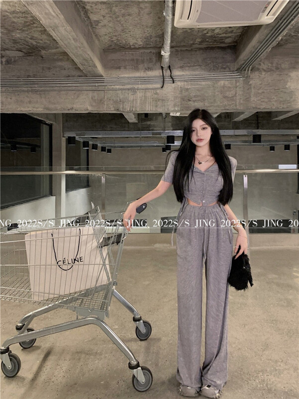goods in stock! [Jing] Korean Short breasted blouse + versatile casual pants two piece suit 6649# cqw